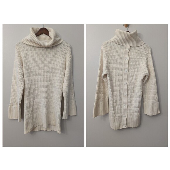 Lacoste Turtleneck Tunic Sweater Cream Wool Cashmere Fisherman Button Back M - Picture 1 of 10